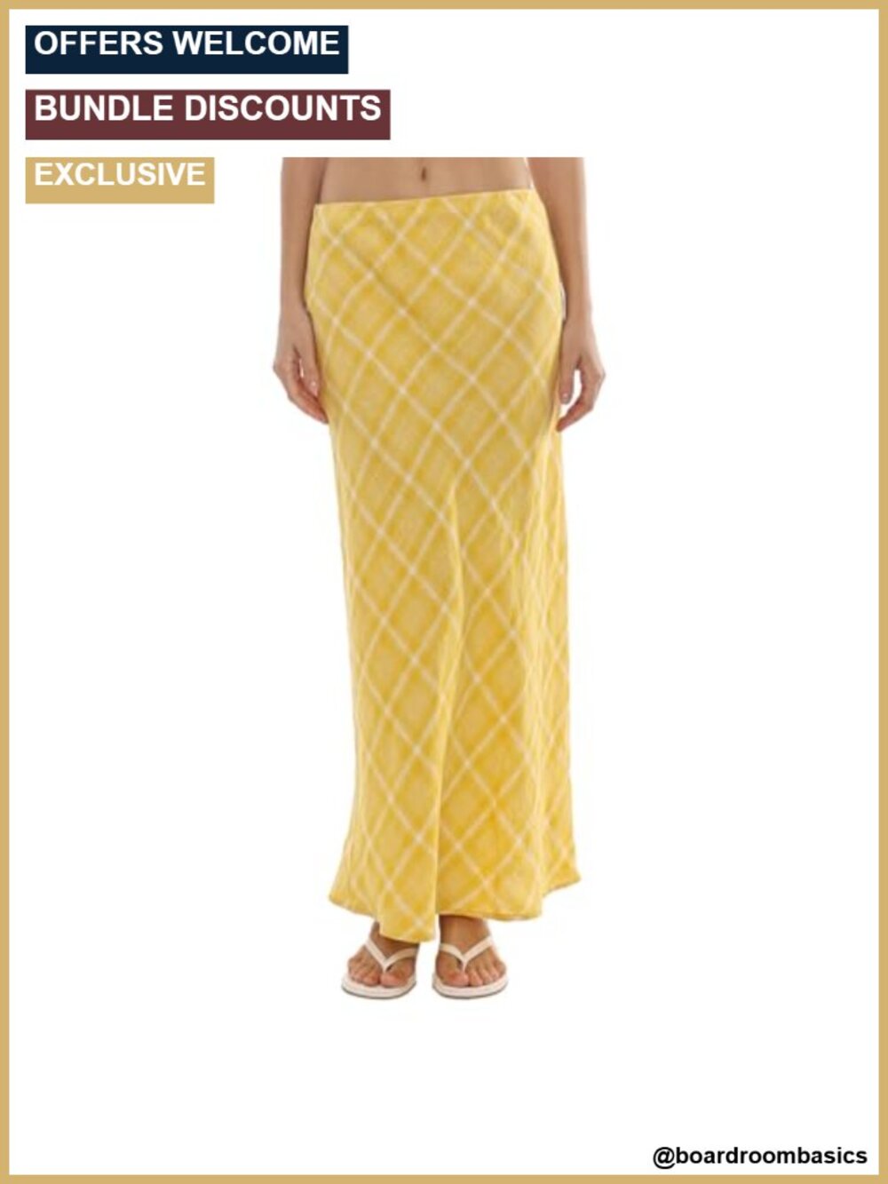 Women's 100% Linen A-Line Plaid Midi Skirt with Elastic Waist